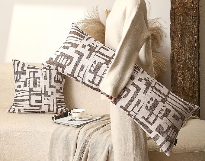 Long Lumbar Pillow Cushion Cover 14x36, Double Sided Modern Geometric High-Density Jacquard Polyester Pillow Cover for Sofa, Bed, Bench, Bedroom, Living Room (Brown)
