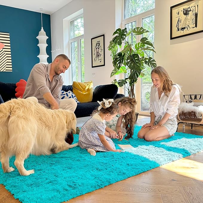 OLANLY 2x8 Machine Washable Runner Rugs for Hallway, Soft Fluffy Shaggy Bedside Rugs for Bedroom, Living Room, Indoor Floor Carpet for Kids Girls Boys, Nursery Rooms, Home Decor Aesthetic, Teal Blue