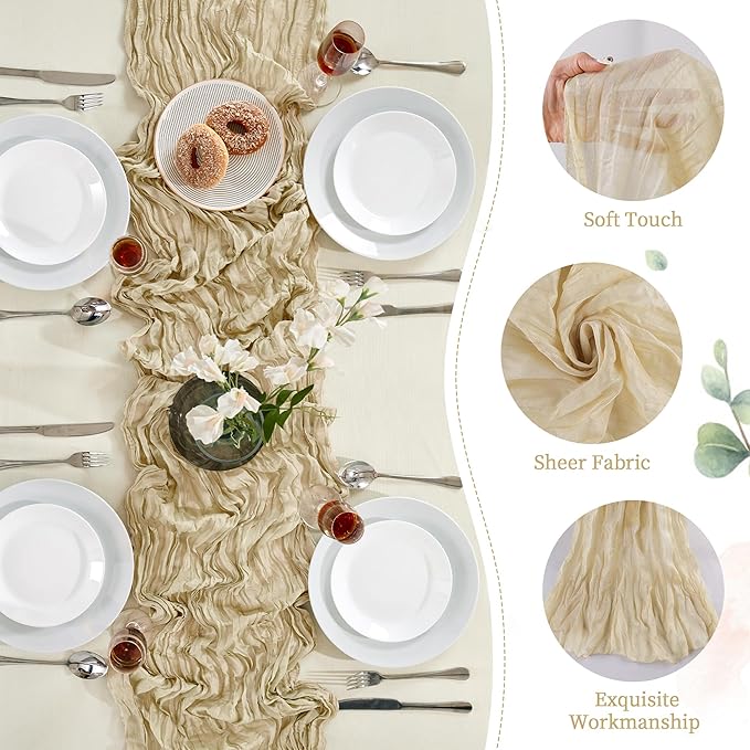 Beige Mother’s Day Cheesecloth Table Runner 10FT Long Easter Spring Boho Gauze Table Runner Rustic Sheer Runner for Spring Wedding Bridal Baby Shower Birthday Party Table Decor Home Easter Decor
