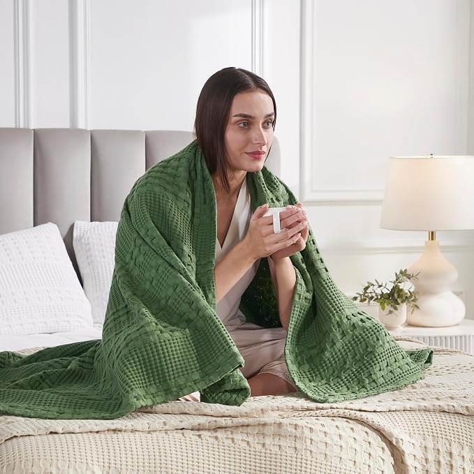 VHC Brands 100% Cotton Waffle Weave Olive Green Throw 50x60, Decorative Cotton Throw Blanket, Boho Farmhouse Bedroom, Living Room Decor for Bed, Couch, or Sofa
