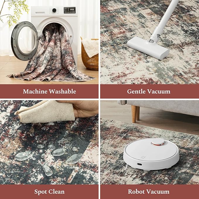 Rugflix 5x7 Area Rugs for Living Room, Washable Large Rug Stain-Resistant Low Pile, Modern Carpet for Dining Room Home Office Kid Room Nursery Bedroom, Rust Brown Green