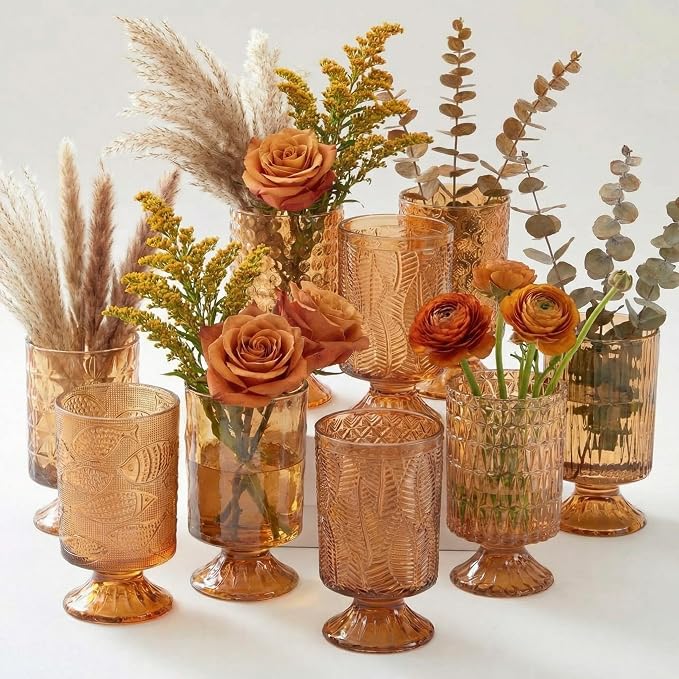 9 Pcs (H: 7" W: 4") Embossed Flower Vase Pedestal Glass Vase Big Base Thickened Crystal Vintage Vases for Wedding Party Home Decor Table Centerpiece House Warming Gifts (Amber,Stylish)