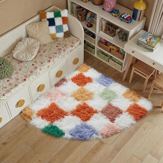 PureCozy Checkered Rug 3ft Radius Corner for Playroom, Modern Neutral Shag Rug Washable Non-Slip Large Area Rug Super Soft Indoor Fuzzy Carpet Fluffy Rugs for Bedroom Home Aesthetic Decor