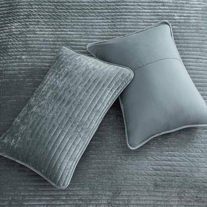 PHF Luxury Velvet Quilt Set King Size – 3PCS Ultra Soft Quilted Comforter Alternative with Striped Channel, Cozy Quilted Bedspread, 1 Coverlet with 2 Matching Shams, 108" x 92", Dusty Blue