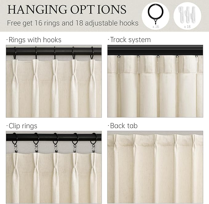 Pinch Pleated Linen 96 inch Long Curtains for Living Room Bedroom 2 Panels Neutral Cream Beige Thick Linen Textured Farmhouse Pleat Curtain with Hooks Rings Back Tab Light Filtering Drapes 8 FT