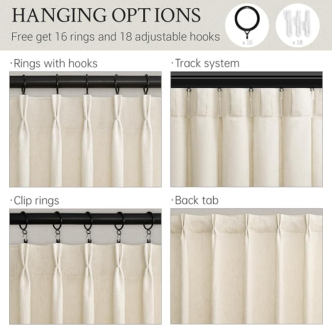 Extra Long Pinch Pleated 108 Inches Long 2 Panels Set for Sliding Glass Door Beige Cream Thick Linen Textured Semi Sheer Curtain Privacy Light Filtering Living Room Bedroom Window Drapes Back Tab