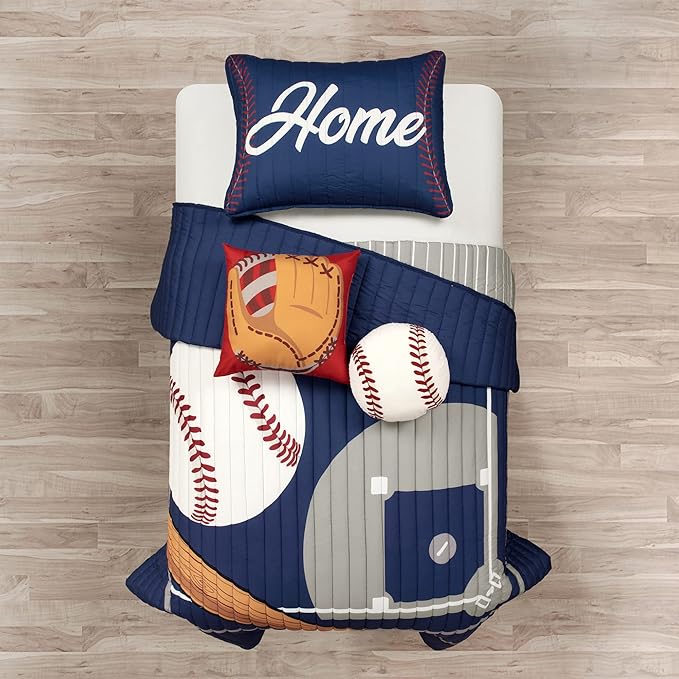 Lush Decor Baseball Game Reversible Quilt Twin Size 4 Piece Set Navy & Gray - Toddler Bedding Set Twin Quilt - Sports Bedroom Decor - Baseball Bedding