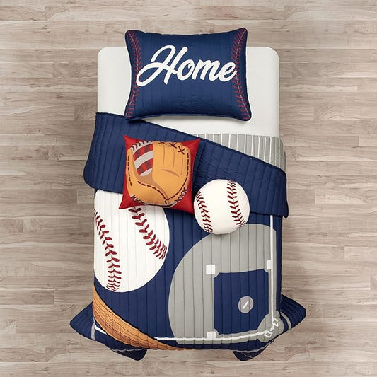 Lush Decor Baseball Game Reversible Quilt Twin Size 4 Piece Set Navy & Gray - Toddler Bedding Set Twin Quilt - Sports Bedroom Decor - Baseball Bedding