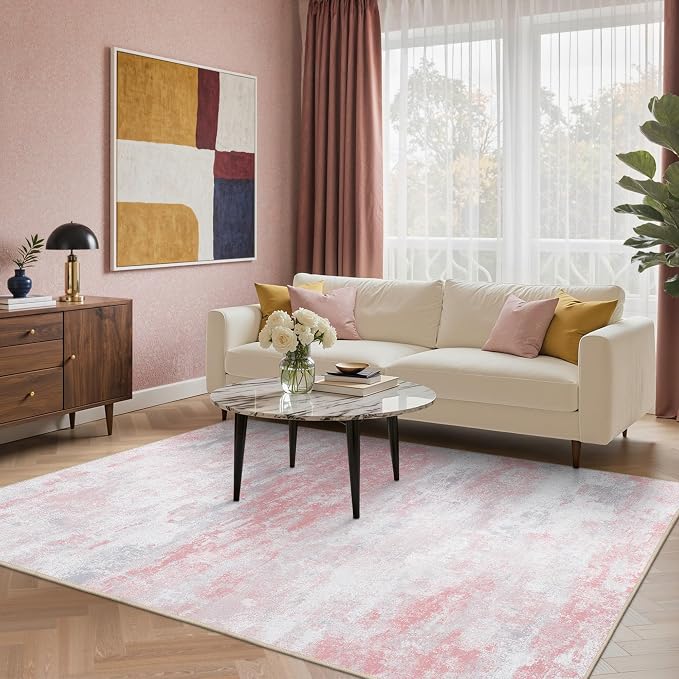 BEIMO Area Rugs 5x7 for Living Room Bedroom, Modern Abstract Machine Washable Rug, Large Soft Low Pile Floor Carpet with Non Slip Backing for Dining Room, Pink