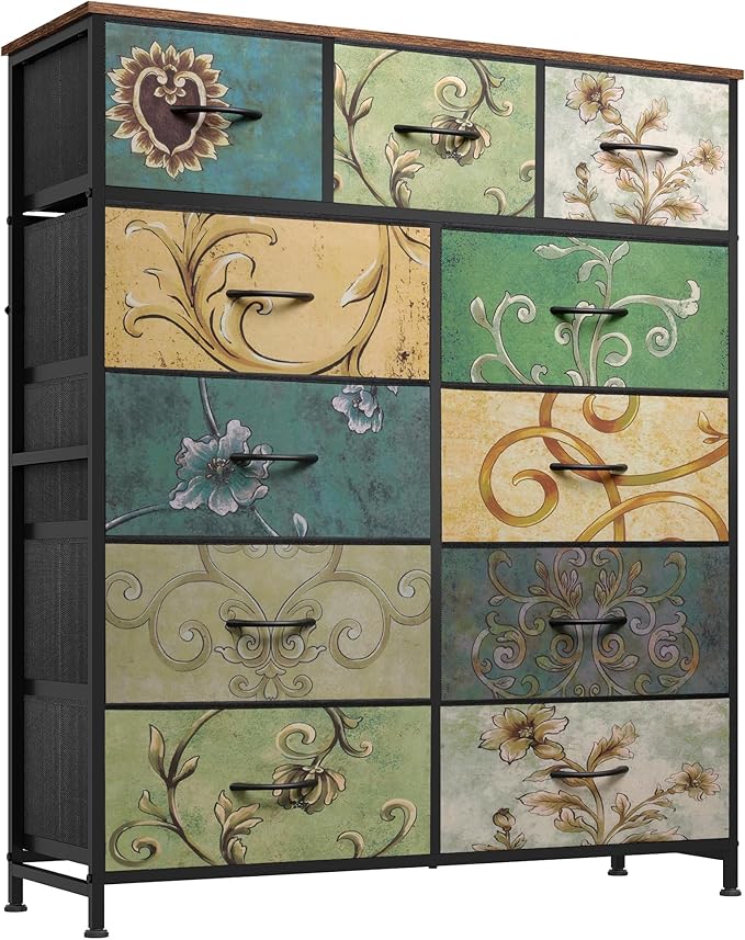 WLIVE Tall Dresser for Bedroom, Fabric Dresser Storage Tower, Chest of Drawers Organizer Unit with 11 Drawers, Storage Cabinet, Hallway, Closets, Steel Frame, Wood Top, Vintage,Floral Painted
