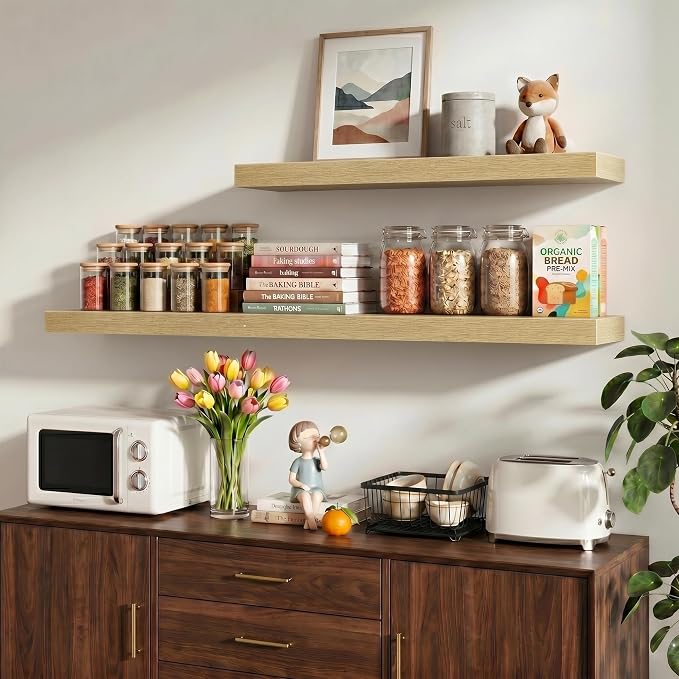 Vivelove 48 Inch Floating Shelves Wall Mounted for Display, 6.5 Deep Duty Shelves with Invisible Brackets for Living Room,Bedroom,Kitchen, Bathroom Storage & Decor,48" Wx6.5 Dx1.4 H - Oak