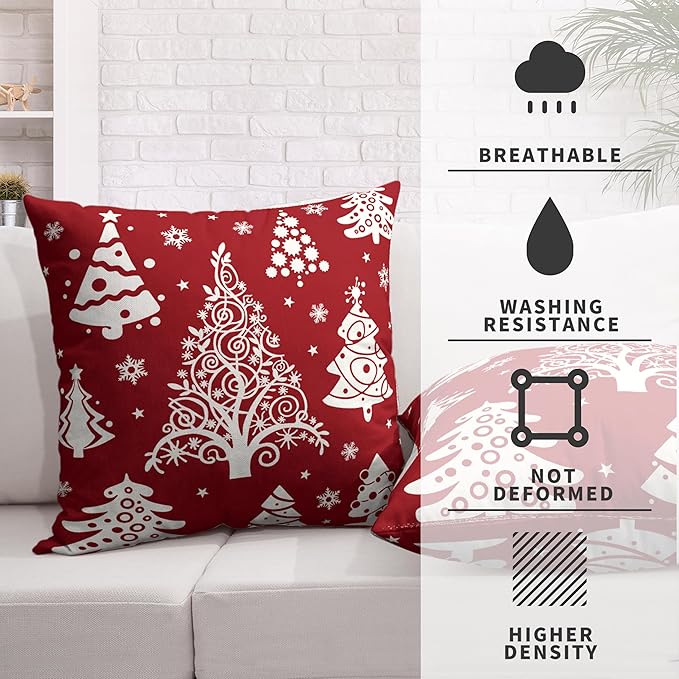 Red Christmas Pillow Covers 18x18 Winter Xmas Tree with Snowflakes Decorative Pillow Covers Set of 2 Holiday Cushion Case for Christmas Decorations Living Room Outdoor