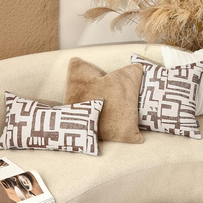 Throw Pillow Cover 20x20, Double Sided Geometric High Density Jacquard Pillow Covers for Sofa, Bed, Rattan Chair, Bedroom, Living Room(Brown)