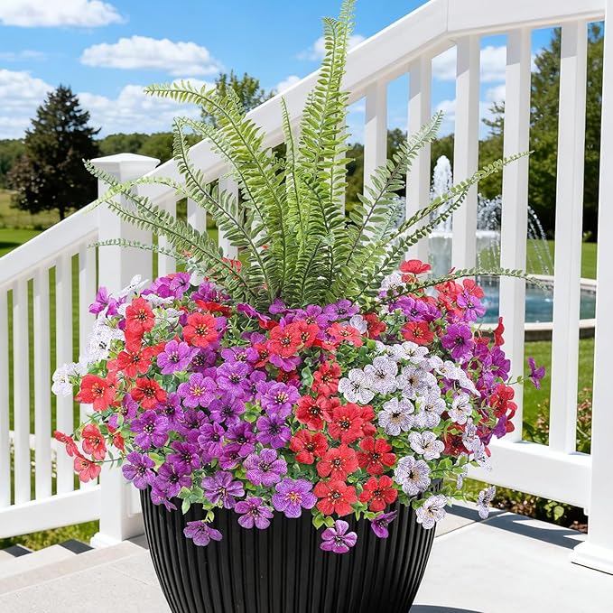 INQCMY Artificial Flowers for Outdoor 12 Pcs Faux Silk Daisy and 1 Pcs Fake Long Leaved Grass UV Resistant Tall Ferns for Home Doorway Courtyard Garden Backyard Decorative