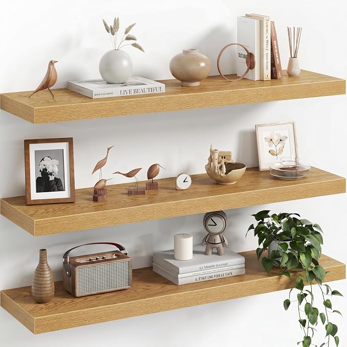Fun Memories 32Inch Floating Shelves for Wall, 8 Inch Deep Shelves for Bathroom|Bedroom|Kitchen Wall Mounted, Wood Hanging Shelf with Invisible Brackets for Home Storage Decor, Oak - 3 Pack