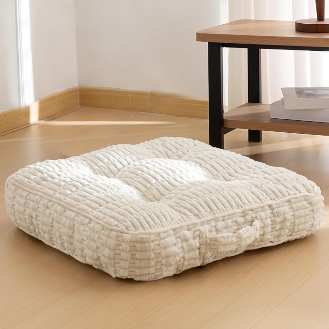 HIGOGOGO Floor Pillow Cushion for Adults, Meditation Cushion Pillow, Blended Corduroy Cover, Large Square Floor Sitting for Tatami Living Room or Yoga, 22x22 Inch, Beige