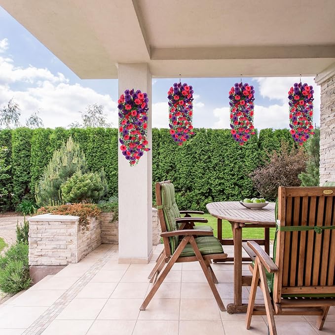 Fake Artificial Hanging Morning Glory Flowers for Outdoor Planters Porch Pation Decoration,2 Bundles UV Resistant Silk Faux Flowers with Realistic Eucalyptus Plants for Home Office Garden Decor