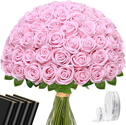 Waipfaru Pink Roses Artificial Flowers Bulk, Real Touch Velvet Roses with Wrapping Paper, 50 Pcs Fake Flowers for Wedding Centerpieces Bridal Bouquet Valentines Mothers Day Decor