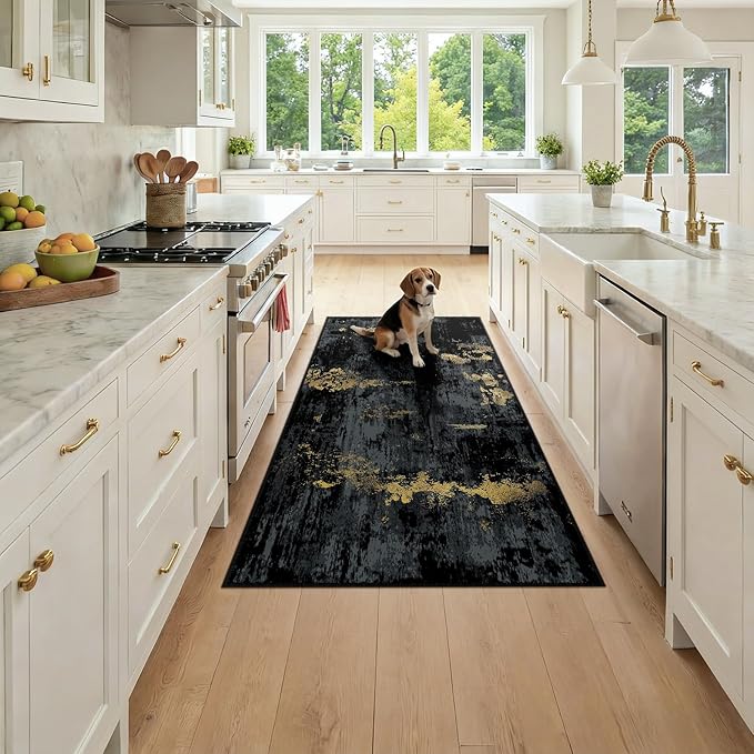 RELEANY Washable Area Rugs 3x6 Non-Slip Modern Abstract Soft for Living Room Entryway Bedroom Nursery, Print Pattern, Dark Black Gold
