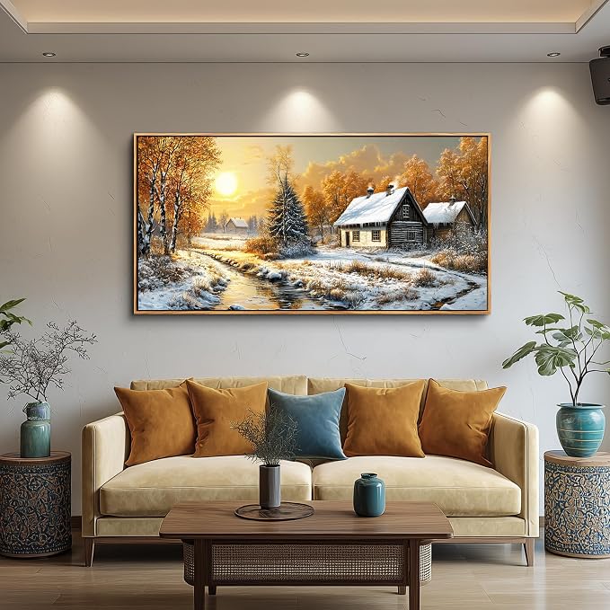 XIGUANGART Landscape Wall Art Framed,Large Canavs Wall Art,Snow Cottage with River Forest Pictures for Bedroom,Vintage Rustic Farmhouse Wall Decor Paintings for Living Room Bathroom Kitchen 20"X40"