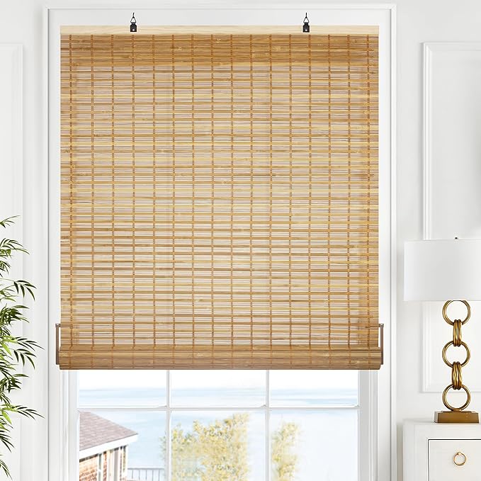 LazBlinds Cordless Bamboo Blinds, 45"x48", Squirrel | Bamboo Roll Up Shades for Windows, Light Filtering Hanging Window Blinds, Bamboo Shades for Patio Indoor/Outdoor Porch