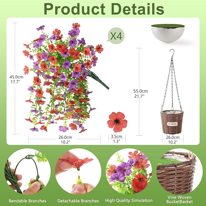 Artificial Flowers Hanging Baskets, 4 Bundles Outdoor Hanging Basket Spring Summer Decoration, No Fade Realistic Fake Flowers Plants for Porch Patio Balcony Home Yard Decor(Red Purple)
