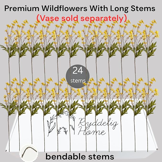 24pcs Faux Yellow Spring flowers With Stems, 23" Realistic Wildflowers Artificial Long Floral for Home Office Decor, Spring Table Centerpiece, Yellow Flowers Arrangements, Modern Farmhouse Decor