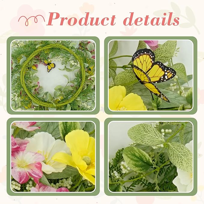YNYLCHMX 18" Spring Summer Wreaths for Front Door, Artificial Wreath with Yellow Daisies Green Eucalyptus Leaves Butterflies, Green Foliage Wreath for Wall Window Farmhouse Party Holiday Home Decor