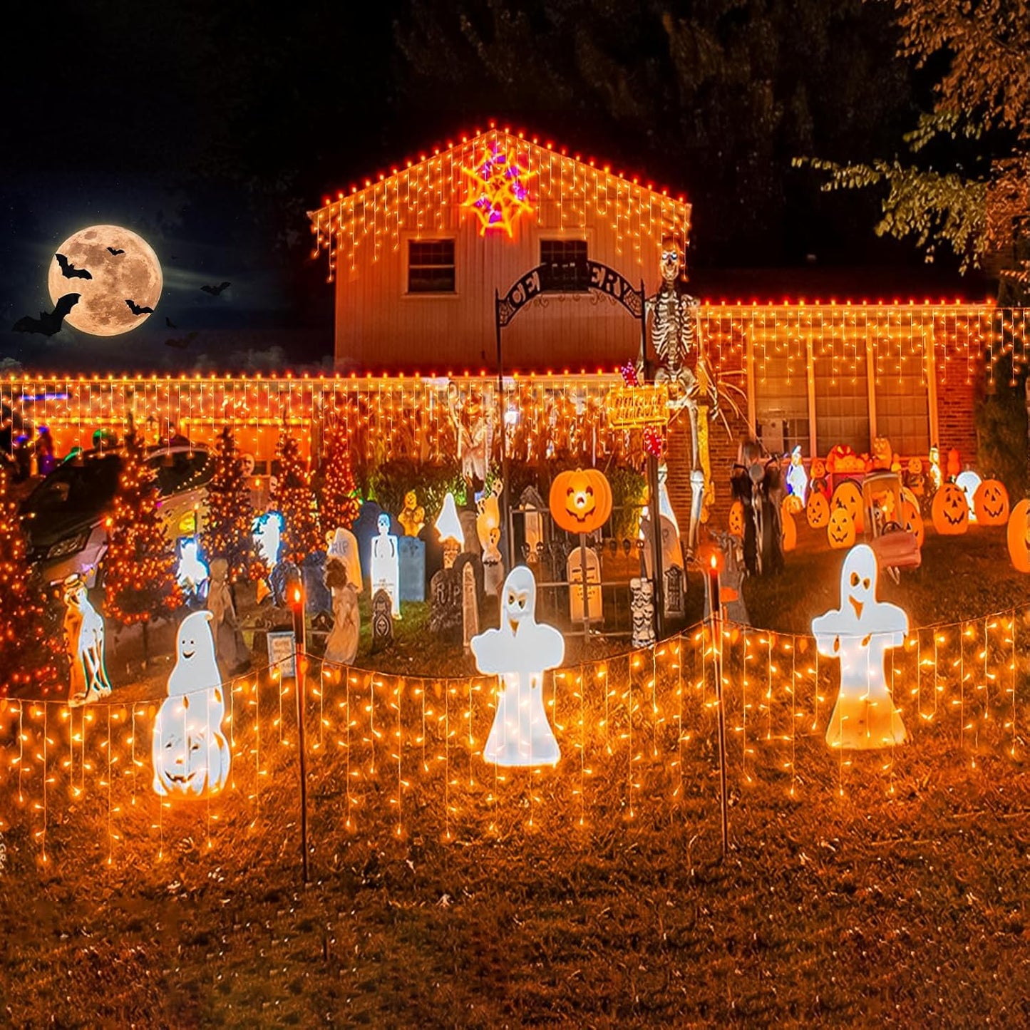 66ft Orange Halloween Lights Outdoor, 640LED Icicle Lights for Outside Indoor Twinkle Christmas Light with Connectable Clear Wire 8 Modes Timer Waterproof for House Party Tree Holiday Yard Patio Decor