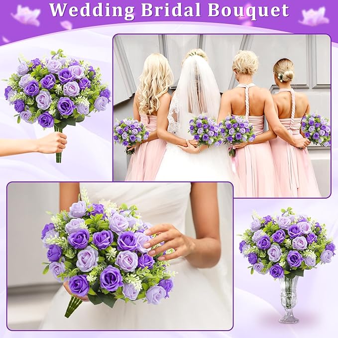 TURNMEON 40 Heads Fake Roses Artificial Flowers for Outdoors, 4 Bouquets UV Resistant Fake Flower Bouquet Faux Silk Roses for Wedding Birthday Party Home Mother's Day Cemetery Summer Decor(Purple)
