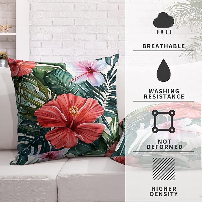 Hibiscus Flowers Pillow Covers Hawaiian Tropical Throw Pillow Covers 18x18 Set of 2 Monstera Palm Leaves Pillowcase Double Sided Printing Cushion Case for Patio Outdoor Sofa