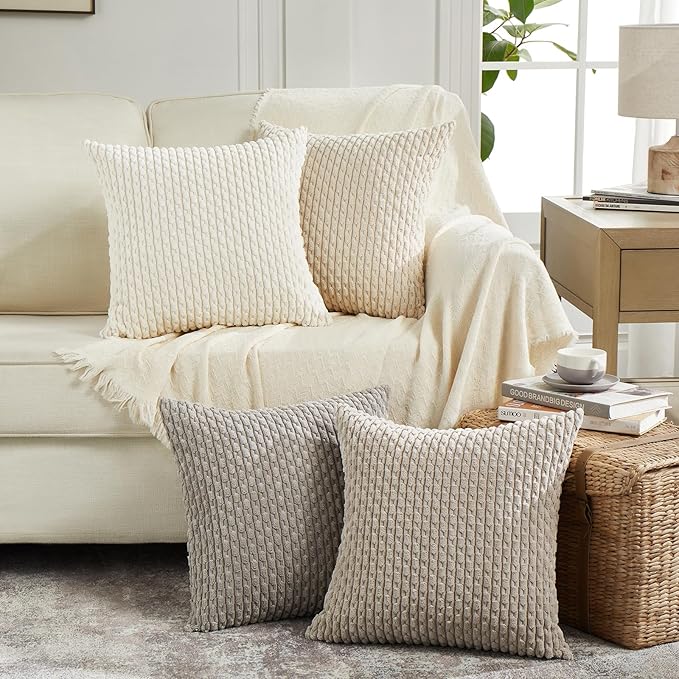 Fancy Homi 2 Packs Cream White Decorative Throw Pillow Covers 16x16 Inch for Couch Bed Sofa, Modern Farmhouse Boho Home Decor, Soft Cute Plush Corduroy Cushion Case 40x40 CM