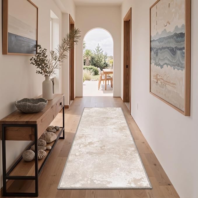 BEIMO Round Rugs 5FT for Living Room Bedroom, Modern Abstract Machine Washable Rug, Large Soft Low Pile Indoor Floor Carpet with Non Slip Backing for Dining Room, Beige White