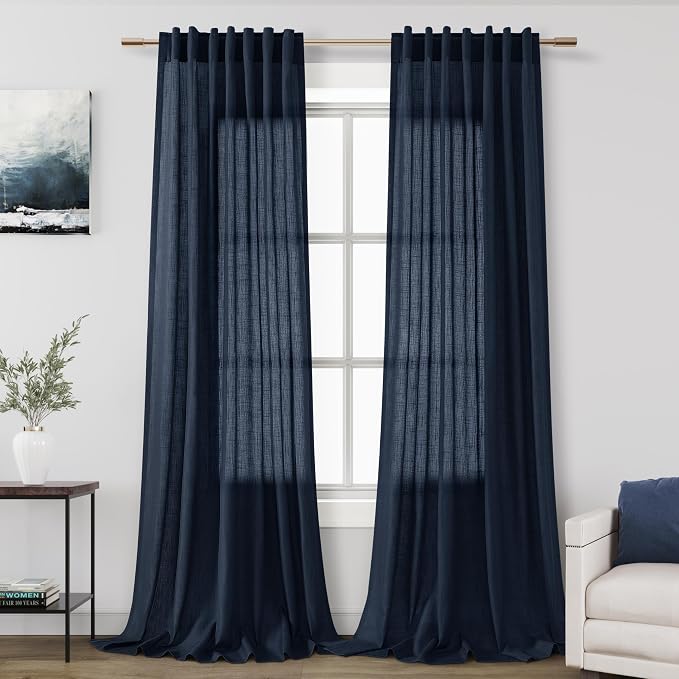 Nanspring Navy Blue Extra Long Curtain 102 inches Long 2 Panels Set for Living Room Back Tab Modern Farmhouse Coastal Decor Cotton Textured Blue Sheer Linen Curtains for High Window 52x102 Indigo