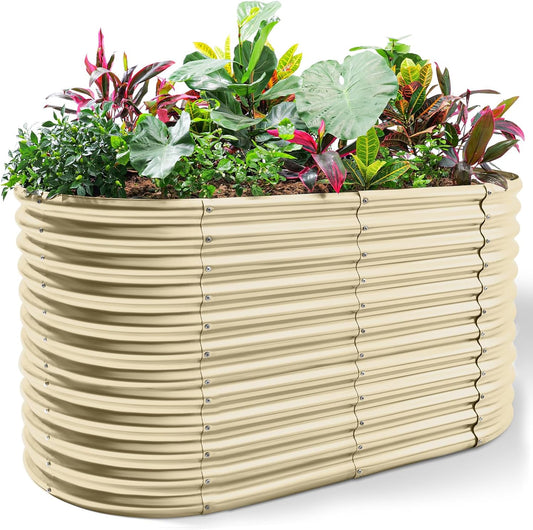 Land Guard 6x3x3ft Oval Galvanized Raised Garden Beds, Large-Capacity Metal Planter Box Outdoor, Durable Deep Raised Garden Bed 3ft Tall, Raised Beds for Gardening Vegetables, Cream Yellow