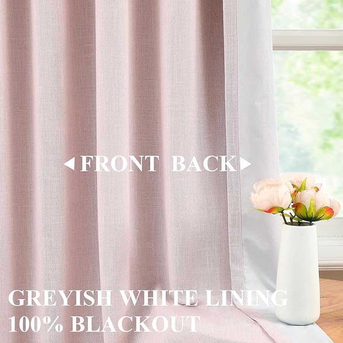 Vision Home Soft Pink Pinch Pleated Full Blackout Curtains Linen Blended Room Darkening Window Curtains 112 inch for Living Room Bedroom Thermal Insulated Pinch Pleat Drapes with Hooks 60" Wx112 Lx1