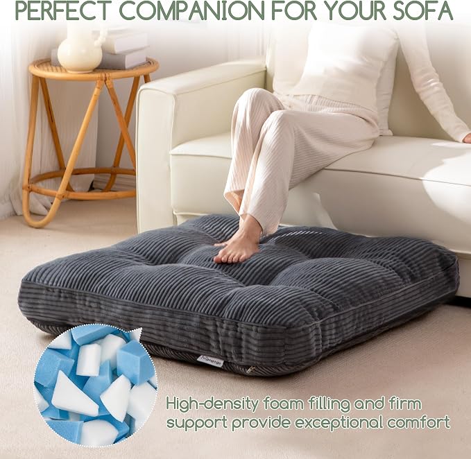 HIGOGOGO 35" Floor Pillow Cushion for Adults, Meditation Cushion Pillow, Extra Large Square Floor Sitting, Tufted Corduroy Cover for Tatami Living Room or Yoga, Dark Grey