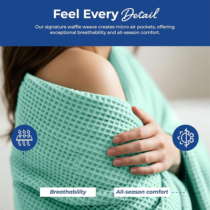 THREAD SPREAD 100% Cotton Waffle Blanket Queen Size - Soft Lightweight Breathable Waffle Weave Queen Blanket for All Season, Textured Throw Blankets for Bed, Sofa, Hotel, Hospital - Mint Green