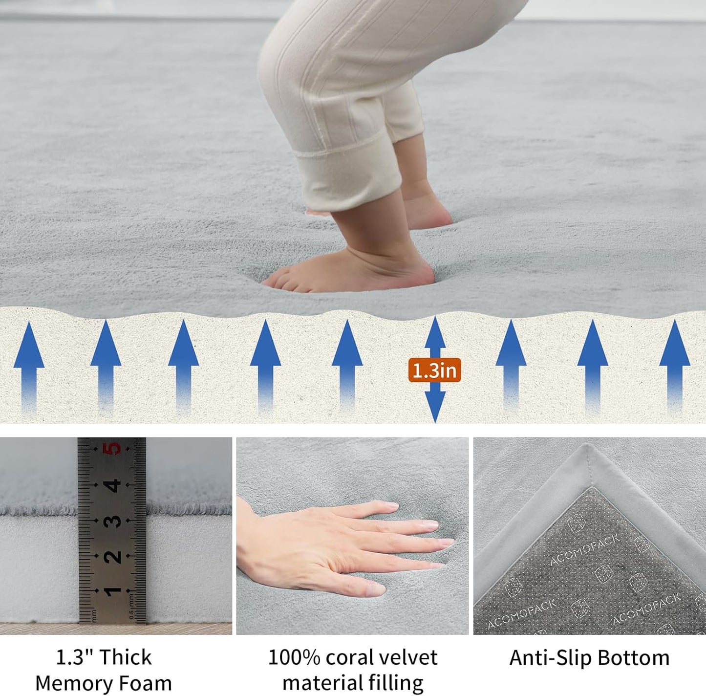 ACOMOPACK Baby Play Mat for Floor,1.3" Thick Memory Foam Area Rug for Living Room,Soft Velvet Crawling with Non-Slip Bottom for Kid,Toddler,79"×157" Tummy Time Nursery Rugs,Yoga（Light Grey）