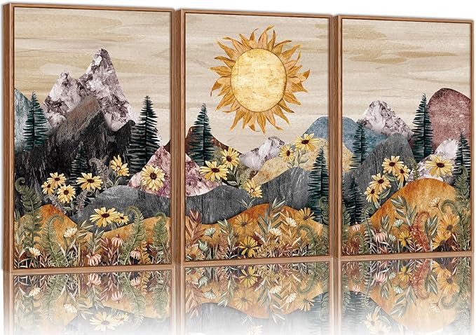 Rantodecor Boho Mountain Framed Canvas Wall Art, Western Daisy Floral Landscape Wall Decor, Rustic Fern Flowers Art Painting, Modern Fantasy Nature Sun Artwork for Bedroom Living Room Office 24"x36"x3