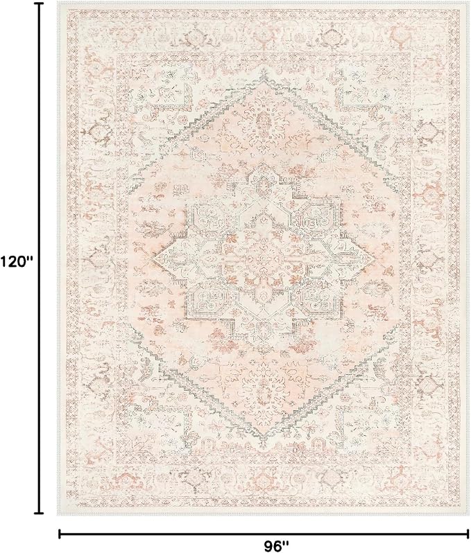 LIVEBOX Pink Area Rug 8x10 - Large Oriental Floral Living Room Rugs Accent Rug for Bedroom, Non-Slip Retro Medallion Carpet Print Distressed Rugs for Dining Room Office (Pink/Peach)