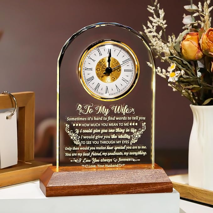 Arikyrist Glass Clock Gifts for Wife from Husband with Wooden Light Base, Personalized Gift for Wife Who Has Everything on Birthday Valentine's Day, Presents for Her on Christmas Home Desk Clock