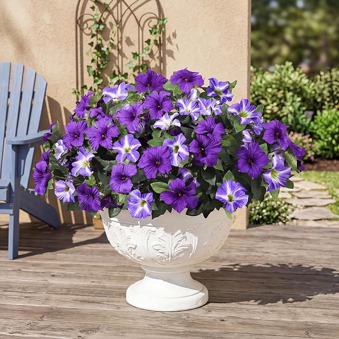 HyeFlora Artificial Flowers for Outdoors 4PCS Faux Petunias Silk Fake Flowers for Outside Planter UV Resistant Realistic Home Garden Porch Decor (Purple)