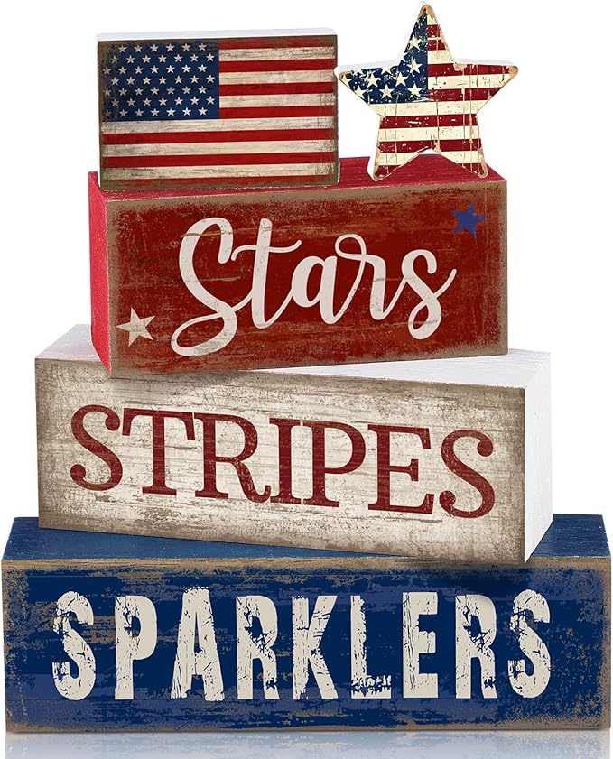 CroBlissful 5 Pcs 4th of July Decorations Patriotic Memorial Day Tabletop Decoration Red White Blue Table Centerpieces Stars Stripes Sparklers Sign for Office Tiered Tray Home Shelf 250th Anniversary
