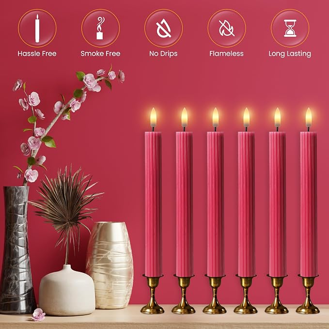 6 Pack, 10" LED Flameless Real Wax Pink Ribbed Taper Candles w/Remote Controller, On/Off Button, Dimmable, Flicker/Static Mode, Battery Operated, Holiday Christmas Menorah Wedding Decor