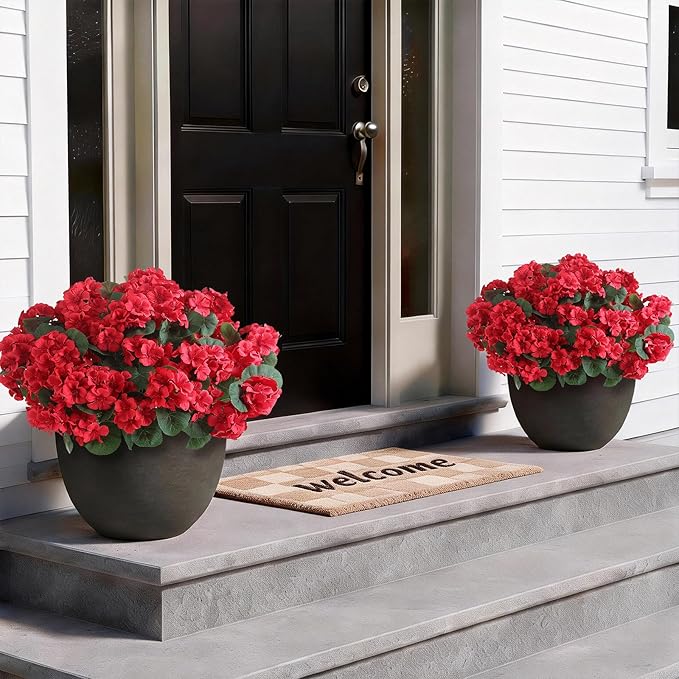 GLIDLION 24 Bundles Artificial Geranium Flowers for Spring Summer Decor, UV-Resistant Fake Plants Realistic Faux Silk Bouquets for Front Door Farmhouse Garden Porch Home Outdoor Decor (Red)