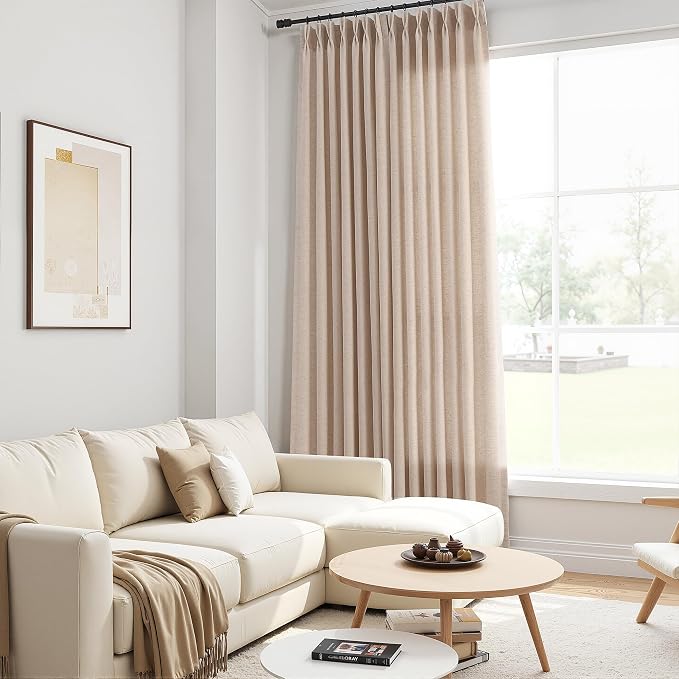 Sand Beige Pinch Pleated Linen Curtains 84 Inches Long 2 Panels Set for Living Room Bedroom Modern Farmhouse Boho Semi Sheer Light Filtering Back Tab Draps with Hooks Rings 84 Inch Length for Nursery