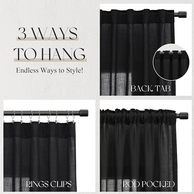Jowels Black Linen Curtains 84 Inch Long 2 Panels for Living Room | Light Filtering Semi Sheer Curtain, Back Tab Pocket Pleated Look, Boho Farmhouse Textured Privacy Drapes for Bedroom Window