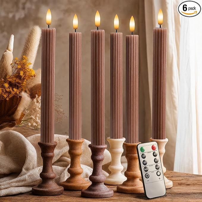 6 Pack, 10" LED Flameless Real Wax Brown Tan Fluted Ribbed Grooved Taper Candles, Remote & 24h Timer Memory, On/Off Button, Dimmable, Flicker Mode, Battery Operated, Wedding