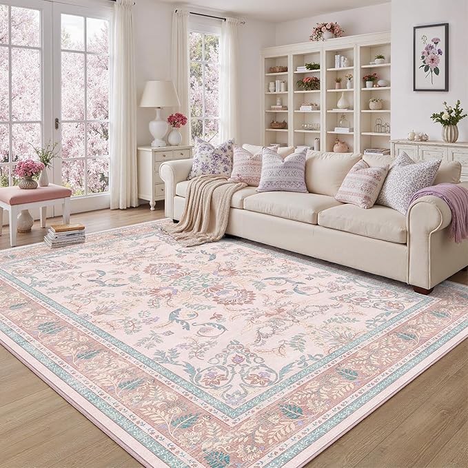 DCX 5x7 Pink Vintage Floral Rug, Machine Washable Non Slip Low Pile Carpet for Girl’s Bedroom, Nursery, Dorm, Kid & Pet Friendly Soft Stain Resistant Rug